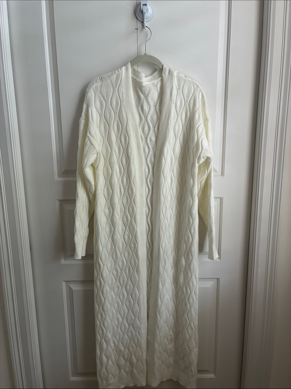 Long Length Cable Knit Open Cardigan Sweater - Ivoryv